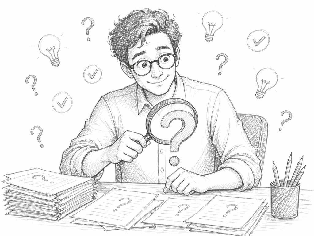 Hand-drawn sketch of an analyst reviewing FAQ questions