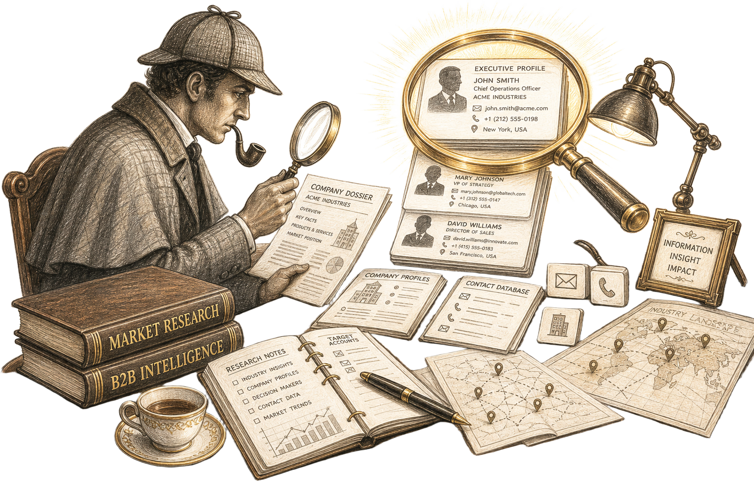 Sherlock-style market researcher examining B2B decision-maker profiles, contact data, and business intelligence dossiers